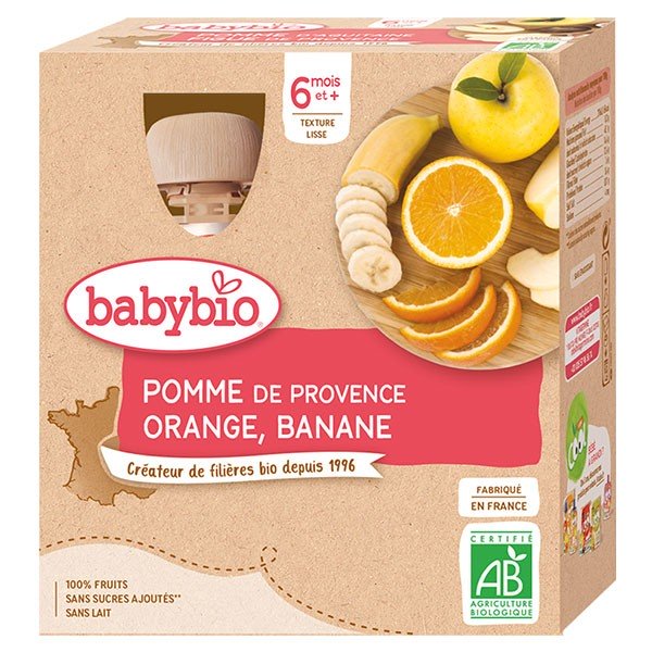 Babybio Fruits Gourde Pomme Orange Banane +6m Bio 4 x 90g