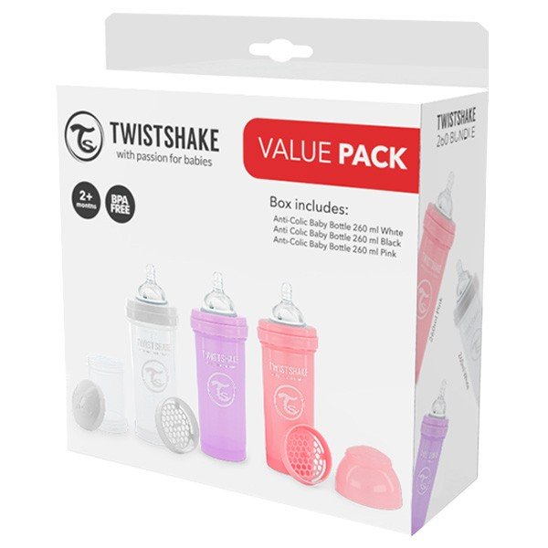 Twistshake Biberon Pack ECO Anti-colique Rose/ Violet/ Blanc +2m